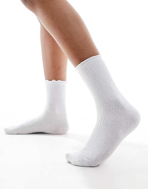 Vero Moda Ribbed Glitter Sock With Frill Edge In White