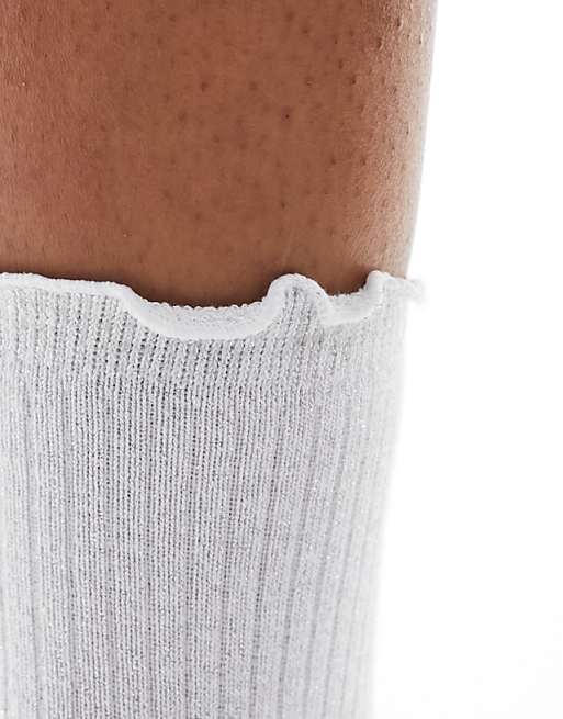 Vero Moda Ribbed Glitter Sock With Frill Edge In White