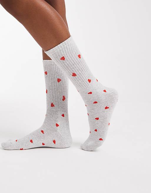 Vero Moda ribbed sports socks in light grey with heart print