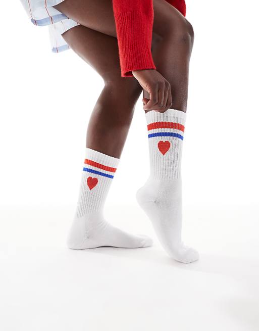 Vero Moda ribbed sports socks in white with heart and stripe detail