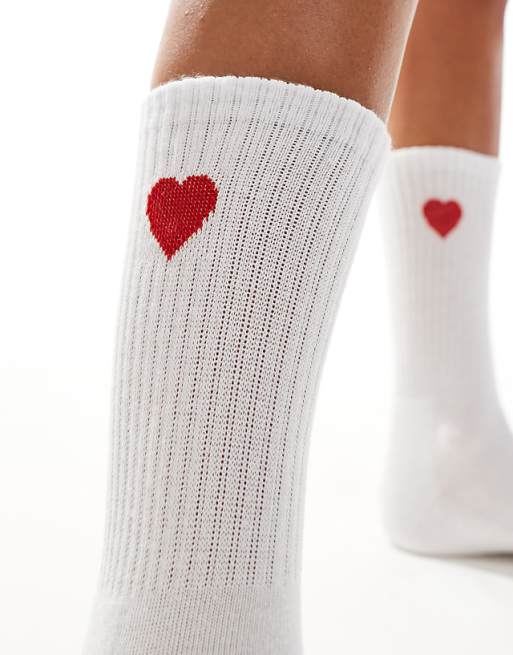 Vero Moda Sporty Ribbed Socks With Heart Motif In White