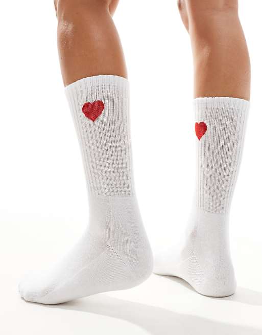 Vero Moda Sporty Ribbed Socks With Heart Motif In White