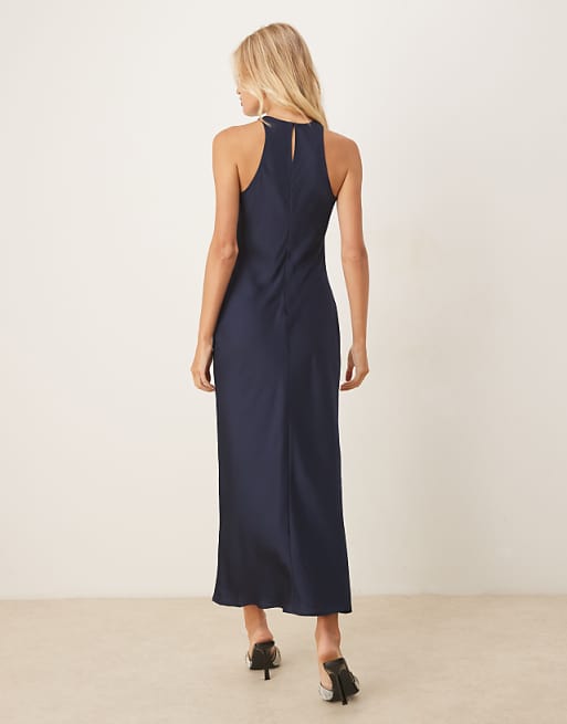 Vila Racer Satin Midi Dress In Deep Navy