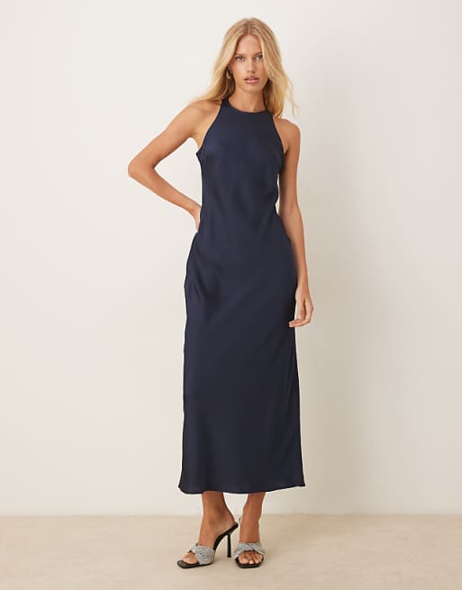 Vila racer satin midi dress in deep navy
