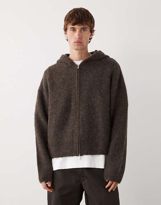 Weekday premium wool blend knitted hoodie in brown