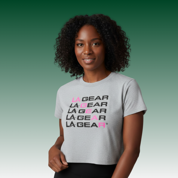 l.a. gear LA Gear Women's Cropped Logo Tee | Grey with Neon Pink x Black Diagonal