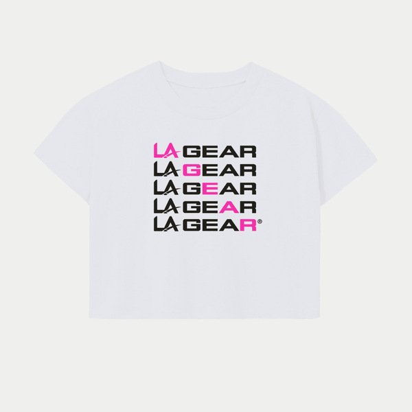 L.a. Gear LA Gear Women's Cropped Logo Tee | White With Neon Pink X Black Diagonal