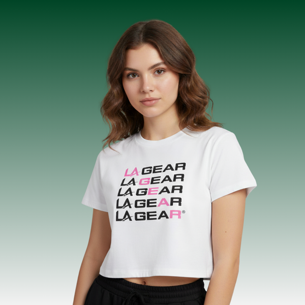 l.a. gear LA Gear Women's Cropped Logo Tee | White with Neon Pink x Black Diagonal