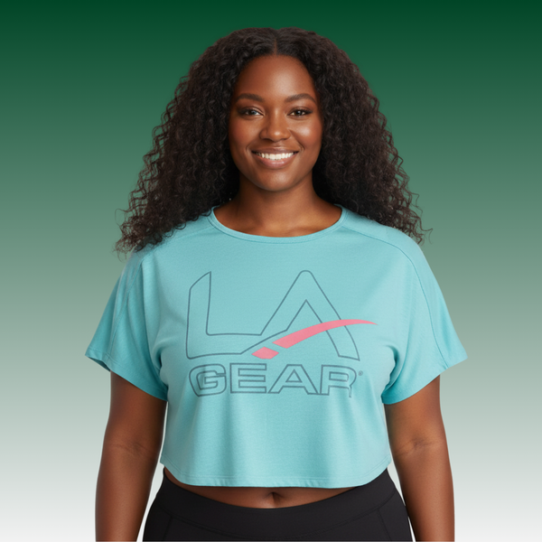 l.a. gear LA Gear Women’s Cropped Tee | Light Aqua with Slate x Pink Logo