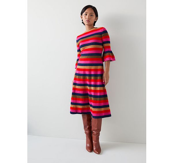 l.k. bennett Alice Petite Pink Multi Stripe Metallic Knit Frill Dress