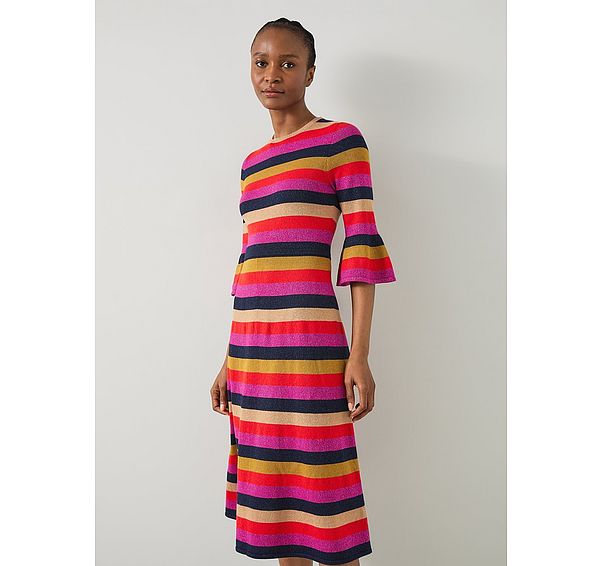 l.k. bennett Alice Pink Multi Stripe Metallic Knit Frill Dress