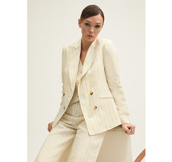 l.k. bennett Amore Cream & Black Linen Blend Pinstripe Tailored Jacket
