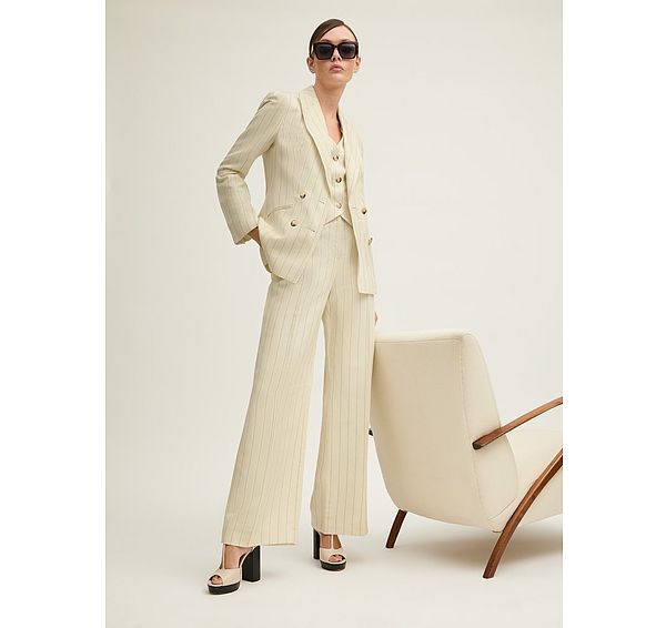 l.k. bennett Amore Cream & Black Linen Blend Pinstripe Wide Leg Trouser