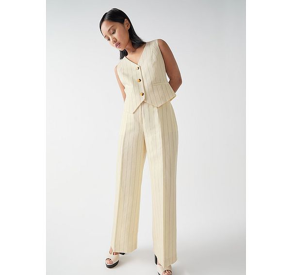 l.k. bennett Amore Petite Cream & Black Linen Blend Pinstripe Wide Leg Trouser
