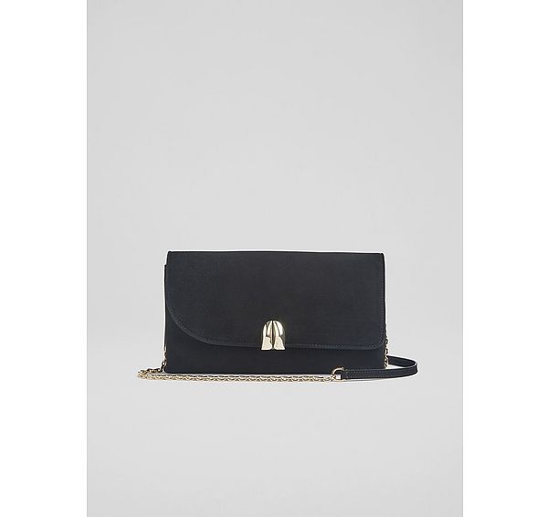 l.k. bennett Aria Black Suede Curve Flap Wide Clutch Bag