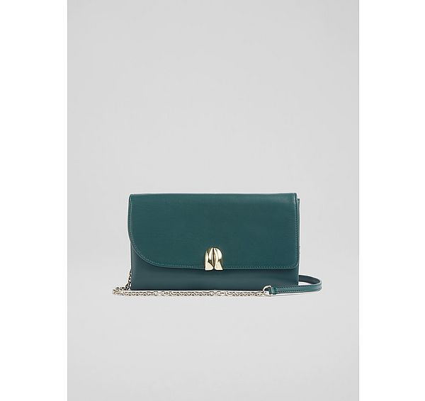 l.k. bennett Aria Green Nappa Leather Curve Flap Wide Clutch Bag