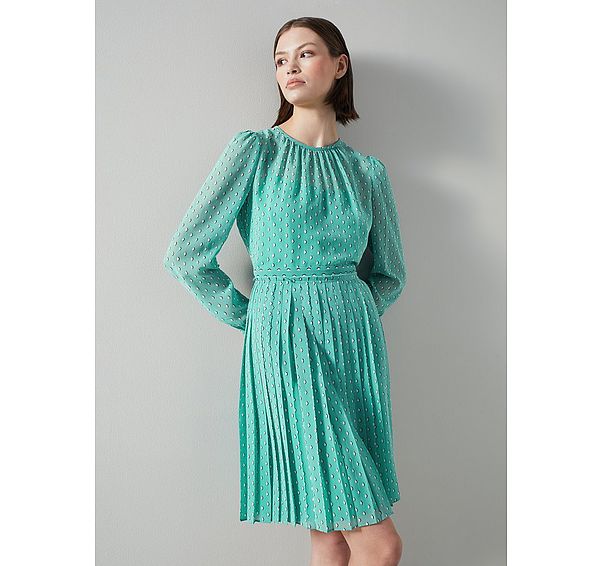 l.k. bennett Aria Green Recycled Polyester Graphic Diamond Print Pleated Dress