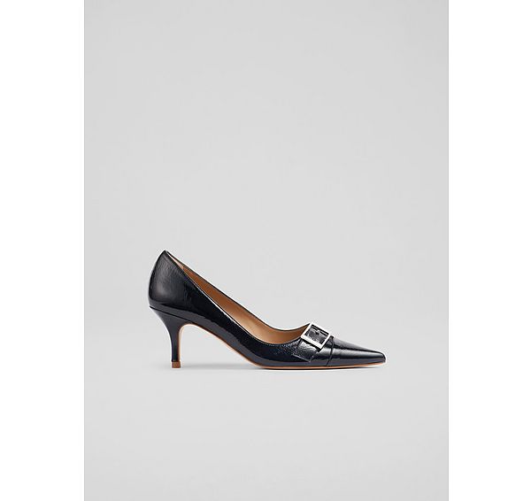 l.k. bennett Billie Navy Crinkle Patent Buckle-Detail Courts