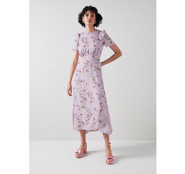 L.k. Bennett Boyd Lilac And Red Cherry Blossom Print Silk Jacquard Dress