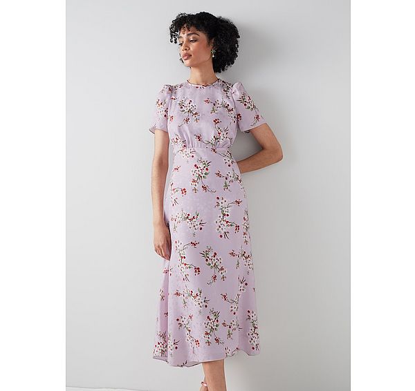 l.k. bennett Boyd Lilac and Red Cherry Blossom Print Silk Jacquard Dress