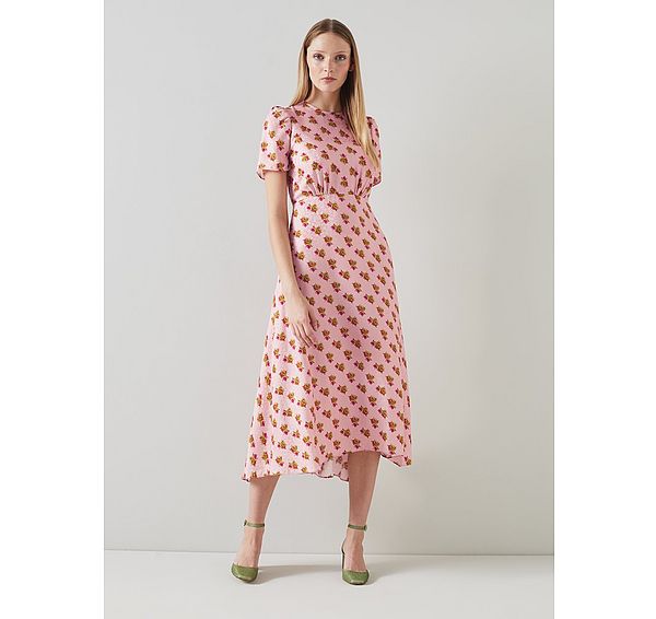 l.k. bennett Boyd Pink Rosebud Print Silk Midi Dress