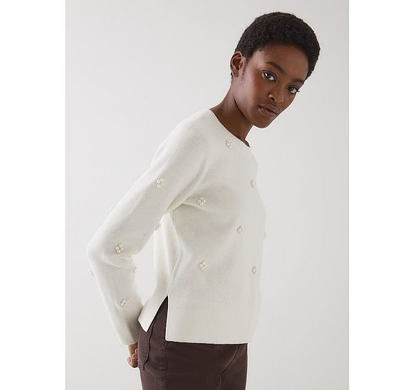 l.k. bennett Buttercup Ivory Pearl Beaded Milano Sweater