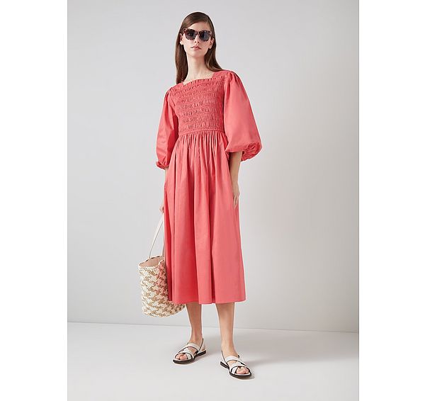 l.k. bennett Calister Dark Pink Organic Cotton Shirred Dress