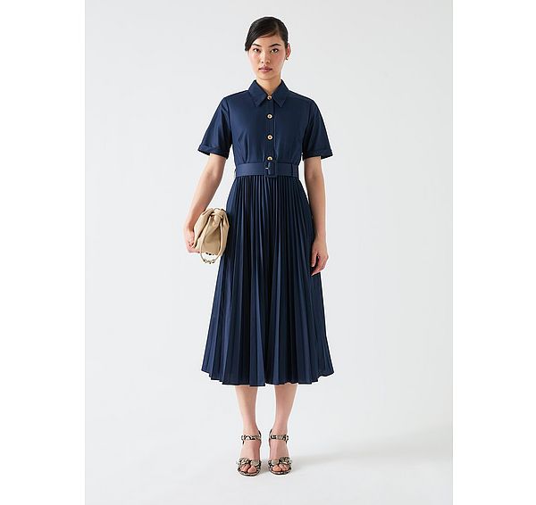 l.k. bennett Cally Spring Navy Pleated Cotton Shirt Dress