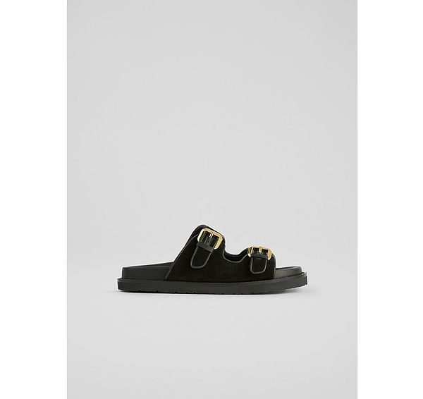 l.k. bennett Capri Black Suede Gold Buckle Flat Sandlas