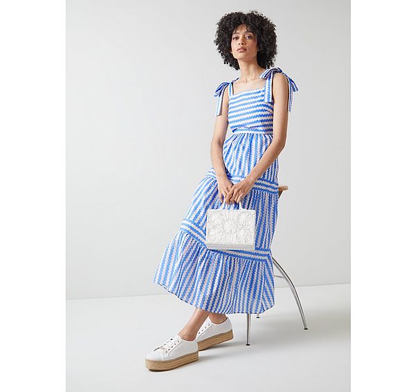 l.k. bennett Caprice Blue and Cream Wavy Stripe Cotton-Silk Tiered Dress