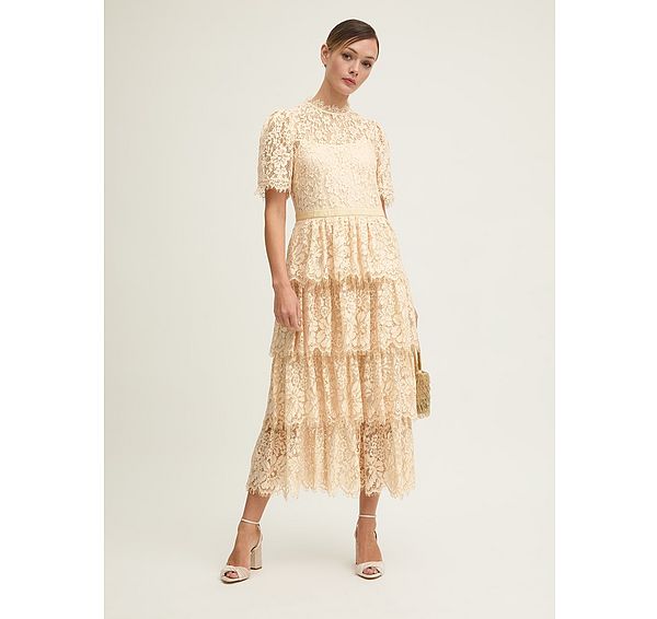 l.k. bennett Cecily Champagne & Gold Lace Tiered Maxi Dress