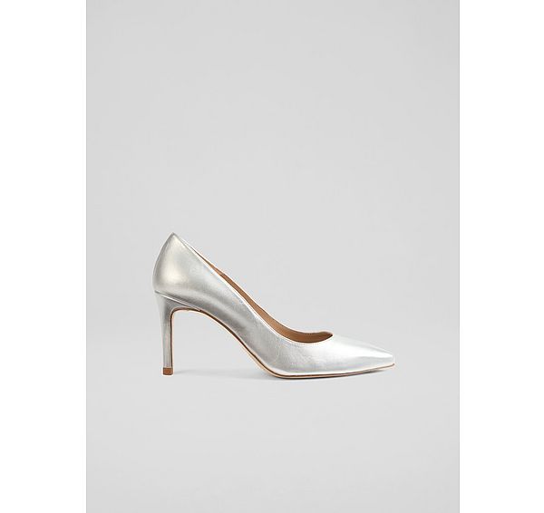 l.k. bennett Classic Floret Silver Metallic Leather Stiletto Heel Courts