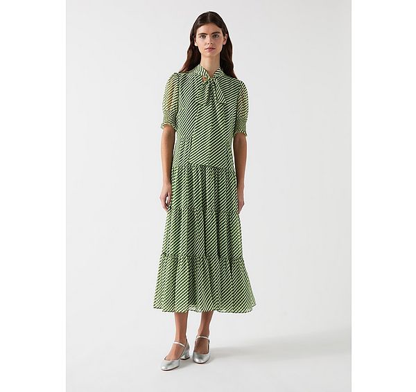 l.k. bennett Coco Green & Birch Tie Neck Georgette Dress