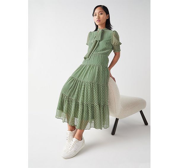 l.k. bennett Coco Petite Green & Birch Tie Neck Georgette Dress