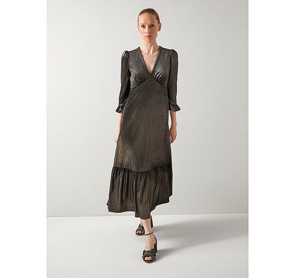 l.k. bennett Deborah Black & Gold V-Neck Maxi Dress With Peplum And Frill Cufff