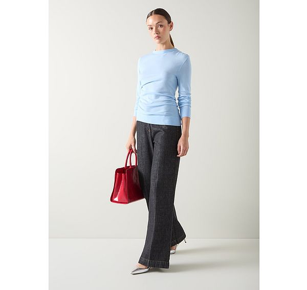 l.k. bennett Dora Blue Plain Cotton Gathered Long Sleeve Top