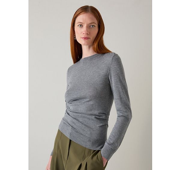 l.k. bennett Dora Grey Merino Wool Mix Gathered Long Sleeve Top