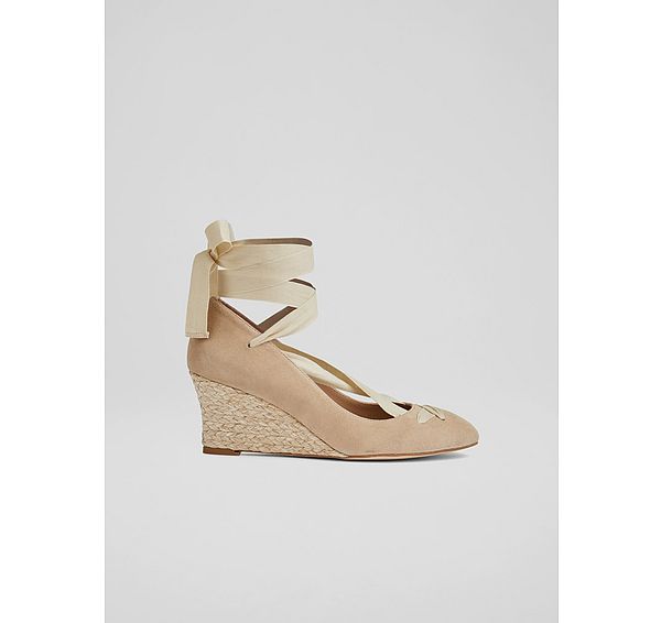 l.k. bennett Drina Beige Suede Crossover Strap Espadrille Wedges