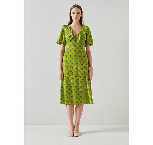 l.k. bennett Edeline Green And Pink Rosebud Print Silk Dress