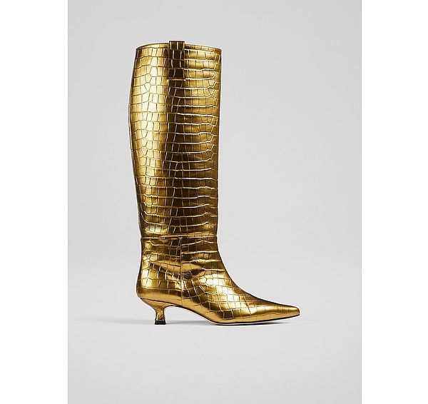 l.k. bennett Eden Gold Croc Effect Leather Western Style Knee-High Boots