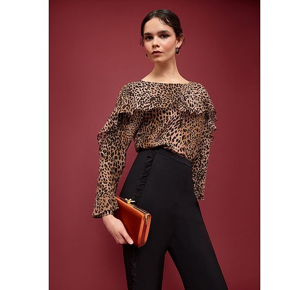 l.k. bennett Edith Brown Animal Print Frill Detail Top