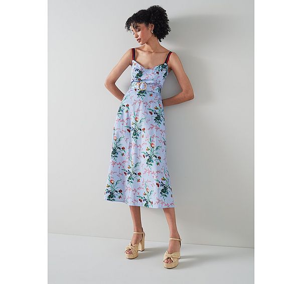l.k. bennett Eleni Blue Cotton Meadow Scene Sun Dress