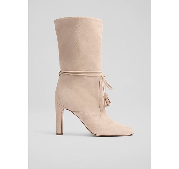 l.k. bennett Eliza Neutral Tassel Ruched Suede Ankle Boots