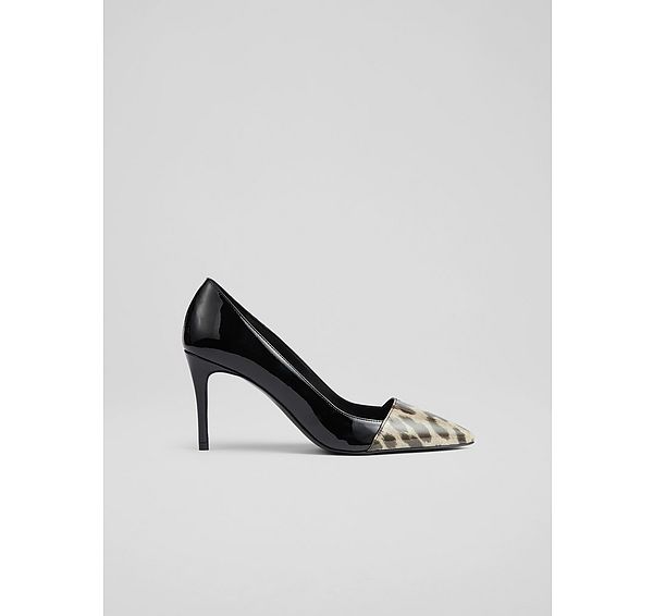 l.k. bennett Emberlynn Leopard Vinyl and Black Patent Pointed Toe Courts