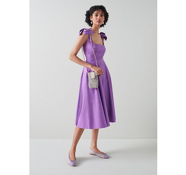 l.k. bennett Emerald Purple Cotton Bow Shoulder Dress