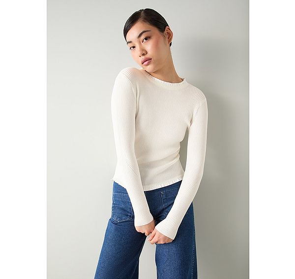 l.k. bennett Emilia Ivory Ribbed Stretch Knit Top With Woven Trim