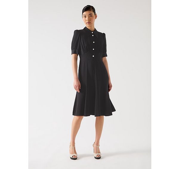 l.k. bennett Esme Black Viscose Satin Crepe Shortsleeve Dress With Pearl Buttons
