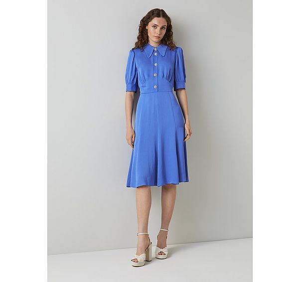 l.k. bennett Esme Blue Crepe Crystal Button Tea Dress