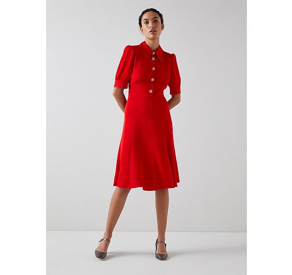 l.k. bennett Esme Red Crepe Crystal Button Tea Dress