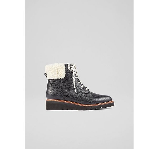 l.k. bennett Evangeline Black Leather and Shearling Lace-Up Wedge Boots